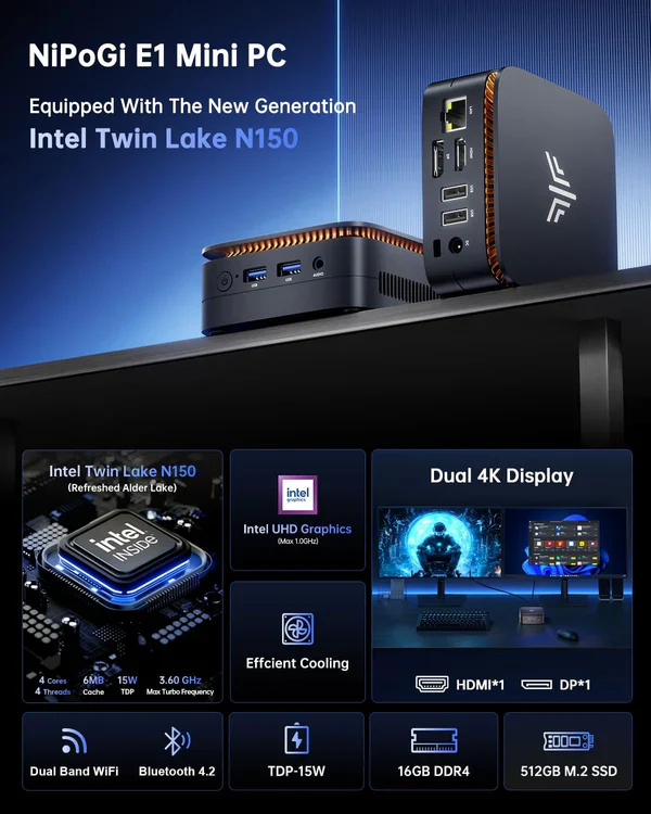 NiPoGi E1 Intel Twin Lake N150 Mini PC 16GB RAM 512GB SSD - Image 9